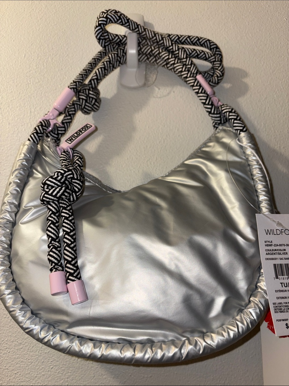 Wildfox Metallic Silver shoulder/crossbody bag w/Black & White and Pink Accents